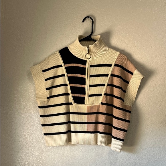 Entro Womens Ecru Multi Sweater Black Tan Half Zip Sz L Short Sleeve Chic Casual - Picture 4 of 9